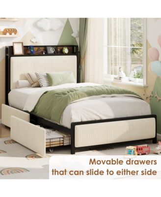 Twin Size Bed Frame with 2 Storage Drawers and Charging Station