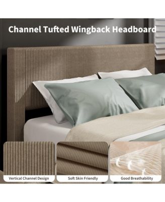 King Size Bed Frame with 4 Storage Drawers, Platform King Bed Frame with Upholstered Channel Tufted Wingback Headboard