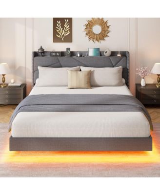 Full Size Floating Bed Frame, Suspended Bed with RGB LED Lights and Charging Station