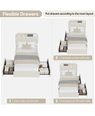 Twin XL Bed Frame for Kids, Boucle Upholstered Platform Bed for Girls with 2 Flexible Drawers, Bookcase Headboard