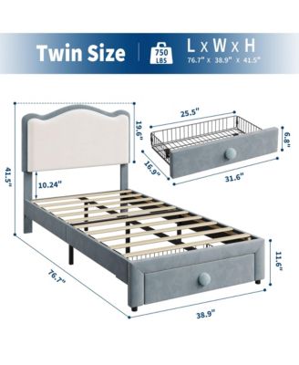 Upholstered Twin Bed Frame with Storage Drawer & Scallop Headboard, Princess Twin Size Platform Bed Frames