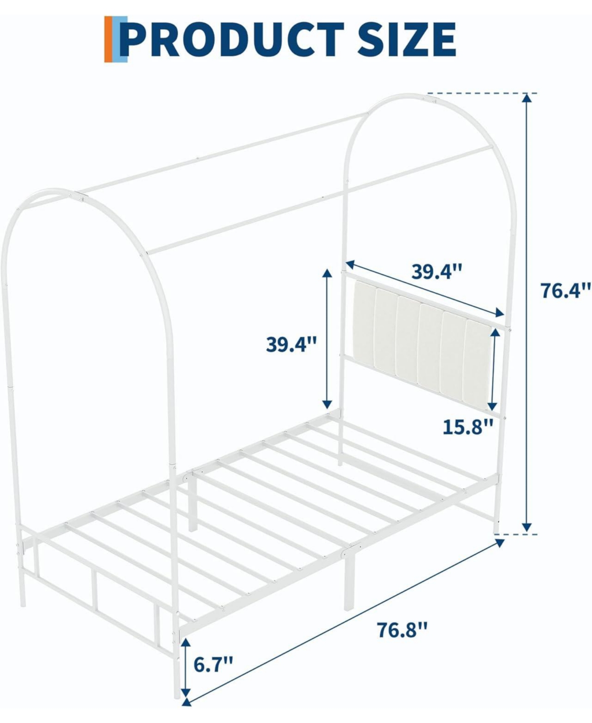 gaomon Twin Canopy Bed Frame, Metal Kids Platform with Upholstered Headboard, Strong Slats, Noise Free, Easy Assembly, White