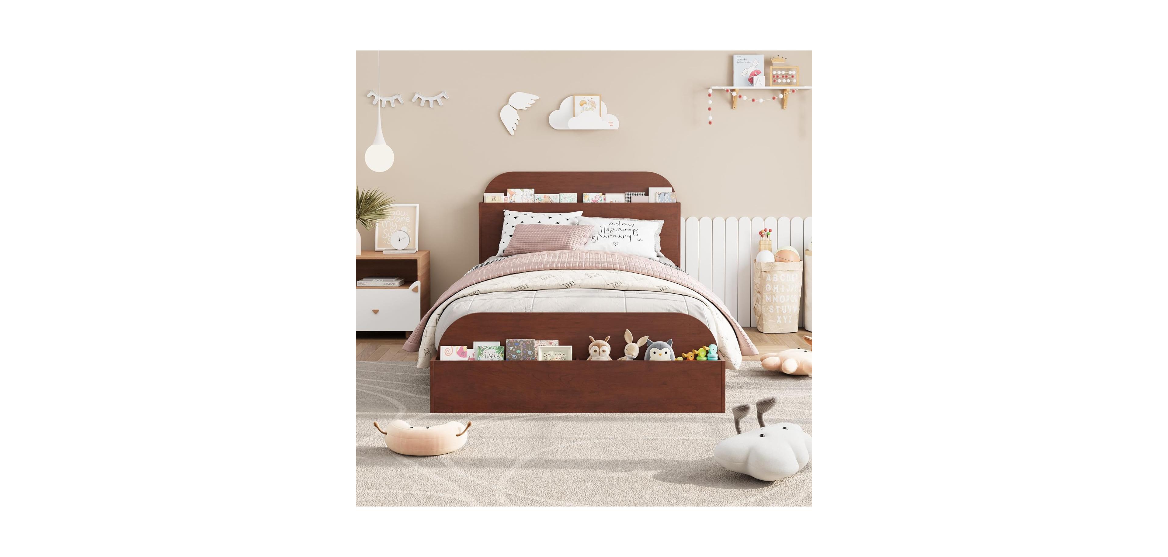 gaomon Wooden Twin Platform Bed with Storage Headboard and Raised Footboard – Kids