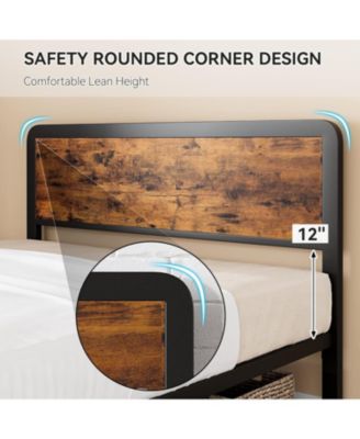 Metal Platform Bed Frame with Rustic Wood Headboard, No Box Spring Rustic Brown