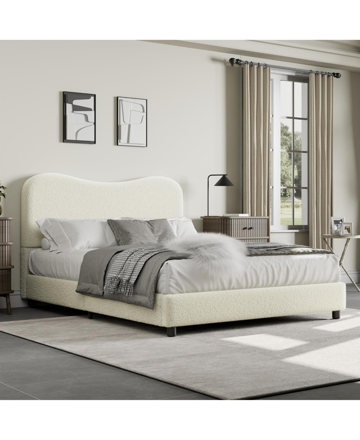 gaomon Senfot Full Boucle Platform Bed with Upholstered Headboard, Rounded Corners, Low-Profile Heavy-Duty Frame, Wood Slats