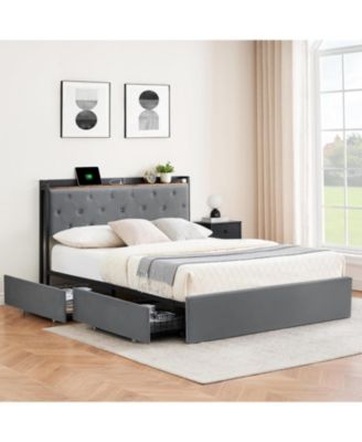 Upholstered Bed with Charging Station Headboard and 4 Drawers, Platform Mattress Foundation with Wooden Slats, No Box Spring Needed