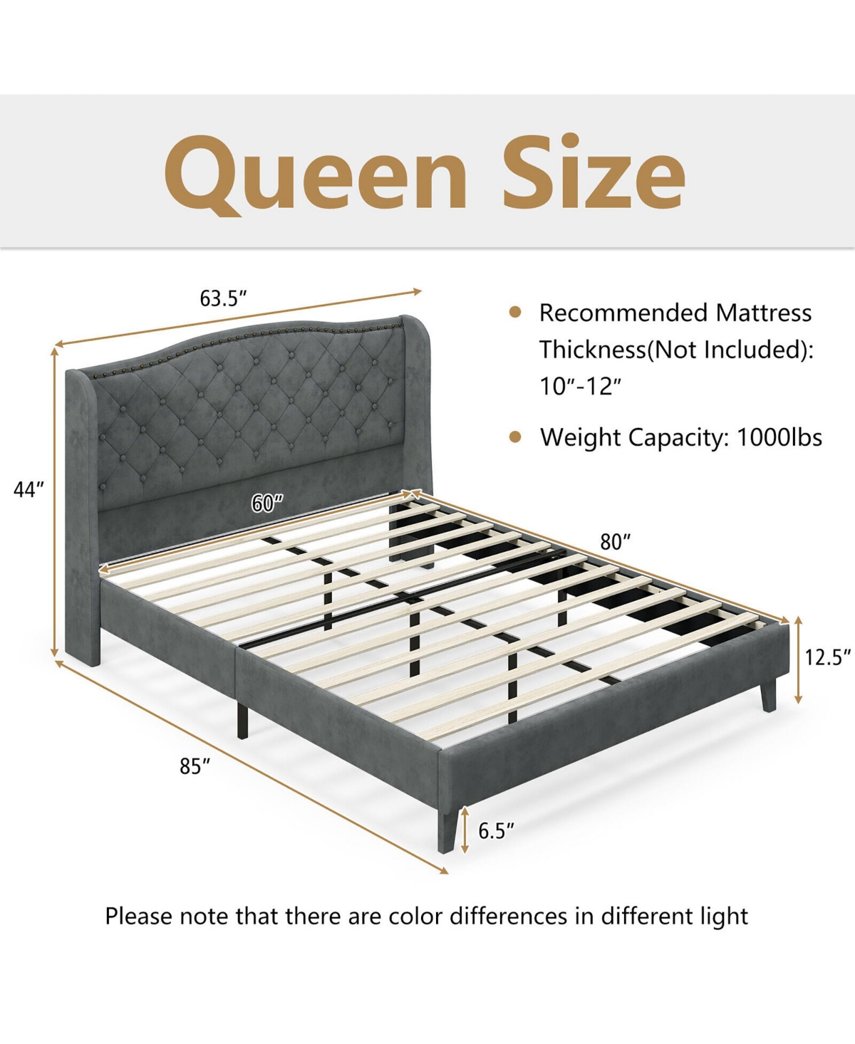 Gymax Queen Upholstered Platform Bed Frame w/ Button Tufted Headboard Noise-free
