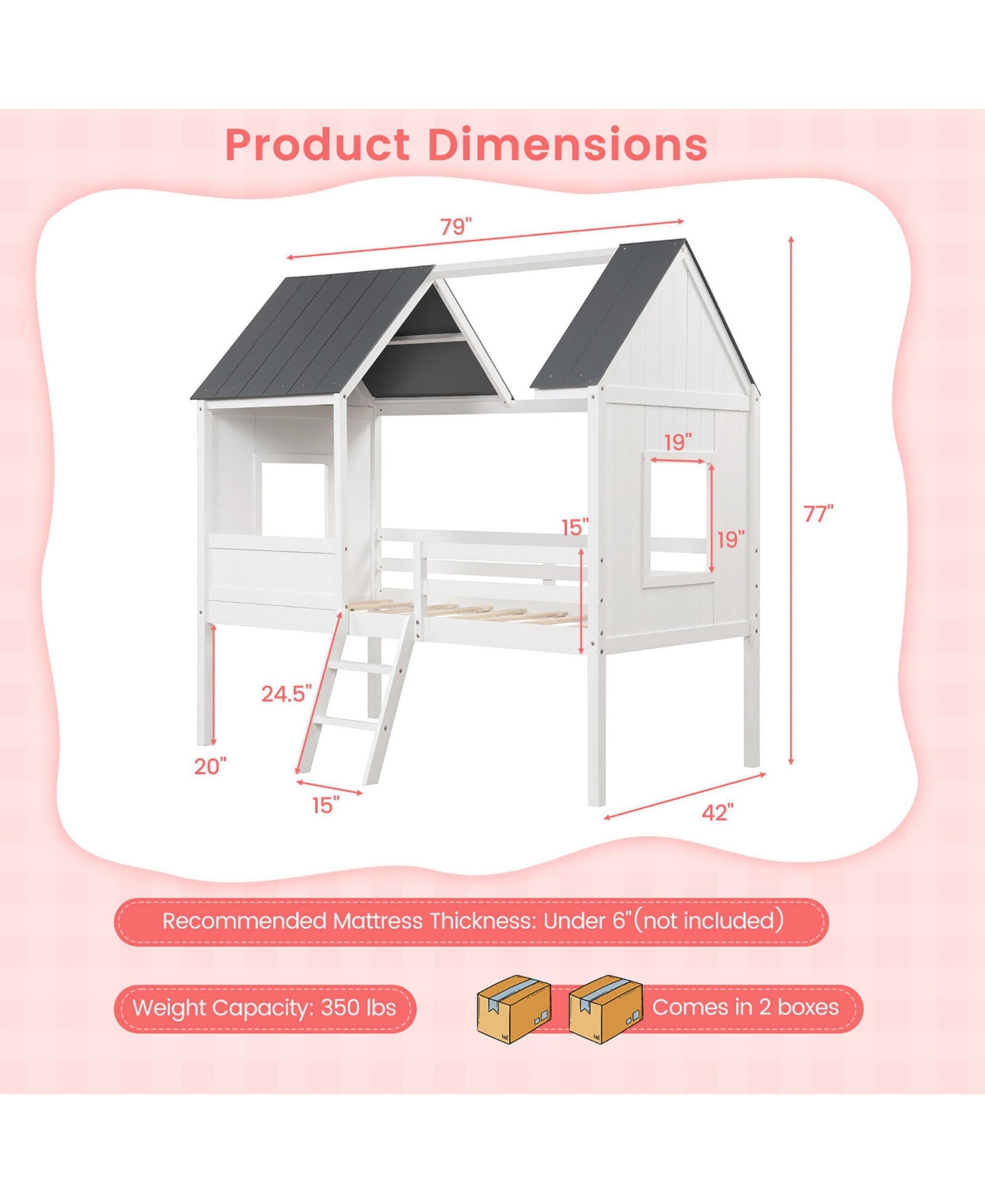 Gymax Twin Low House Bed Wooden Loft Bed with Ladder Roof Windows Slatted Support