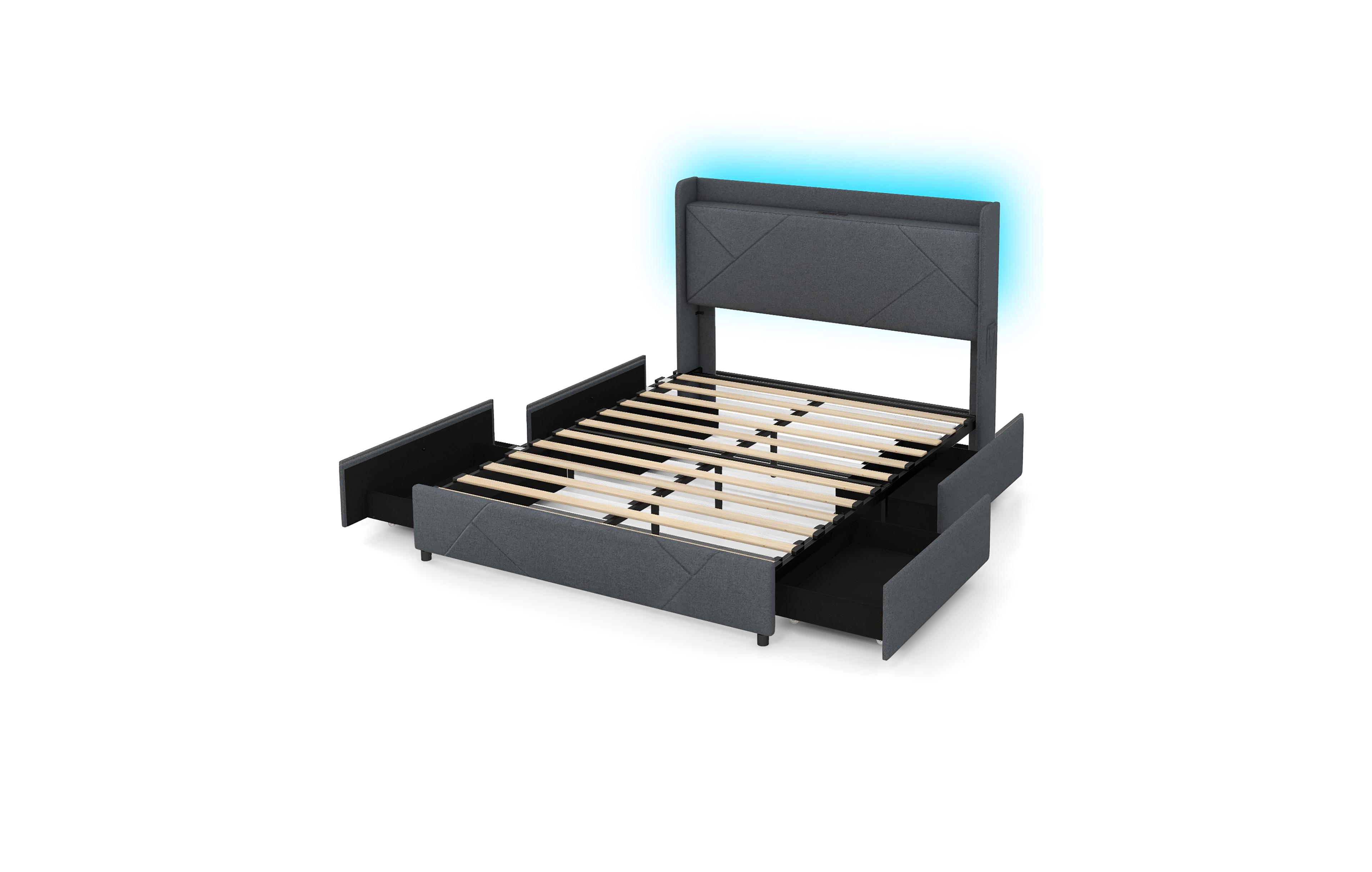 Gymax Full Bed Frame w/Led Lights Charging Station 2 Storage Pockets & 4 Drawers