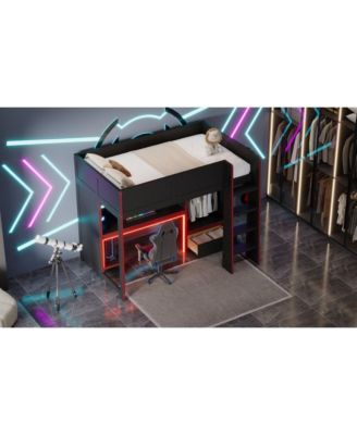 Black Wood Twin Size Loft Bed with BuiltIn Desk Wardrobe and Storage Drawer LED Lighting Space Saving Furniture for Kids and Teens Bedrooms