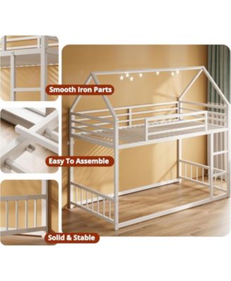 Bunk Bed Twin Over Twin with Ladder and Guardrail, House Shaped with Metal Slats for Dormitory and Bedroom