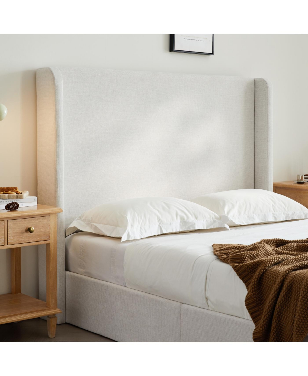 Streamdale Furniture Streamdale Caron Queen Textured Ivory Canvas Chenille Wingback Bed Bundle Set