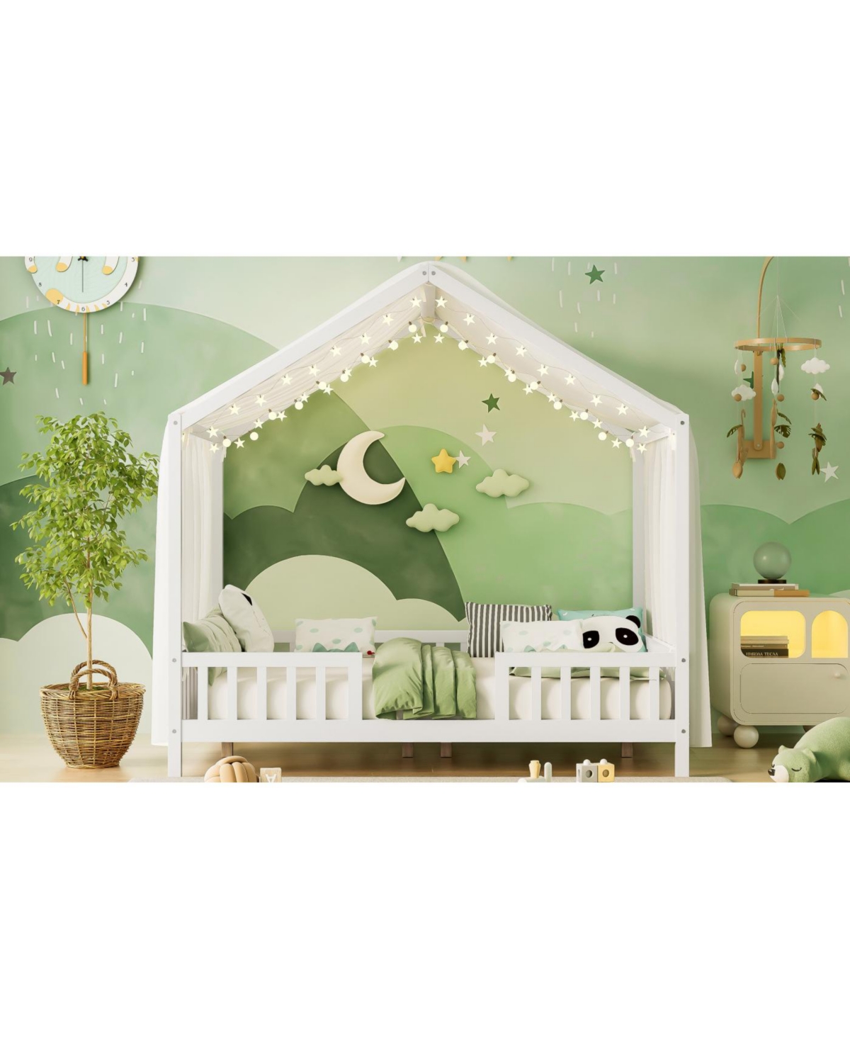 Streamdale Furniture Montessori Floor Bed with Canopy, Full Size House Shape Toddler Bed Frame