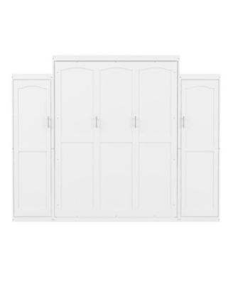Queen Size Murphy Bed with 2 Wardrobes & Storage Shelf, White
