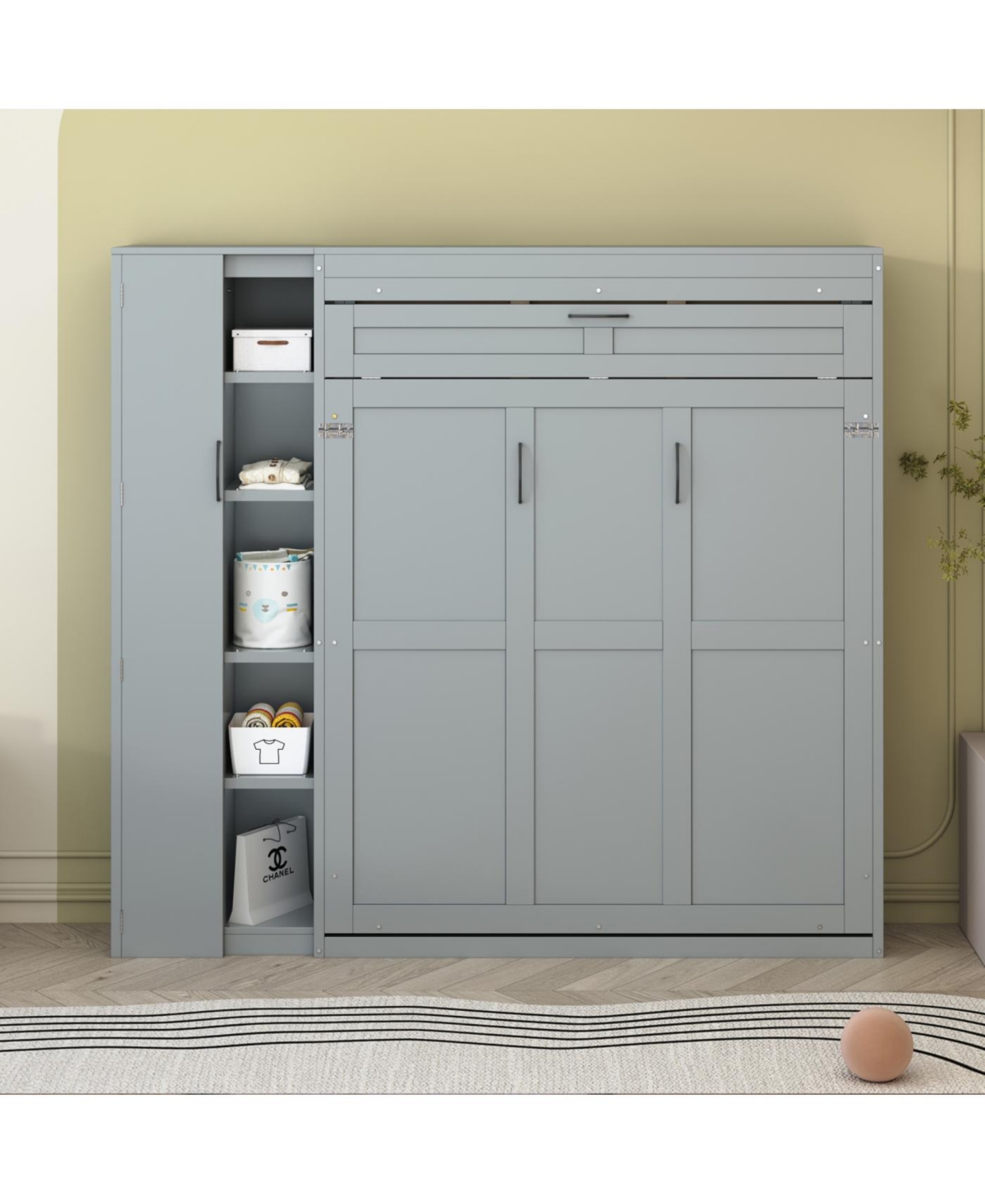 Streamdale Furniture Full Murphy Bed Wall with Shelves, Wardrobe and Led Lights, Gray