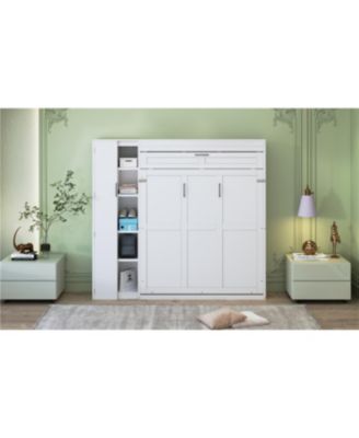 Queen Size Murphy Bed Wall Bed with Shelves, Wardrobe and LED