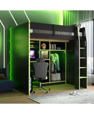 Full Size Wood Loft Bed with Desk, Wardrobe, Storage & RGB Lights