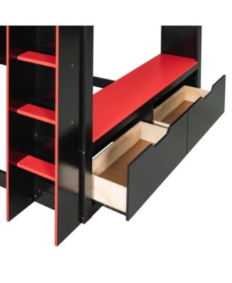 Full Size Wood Loft Bed with Adjustable Desk, Drawers, Storage, RGB Lights,