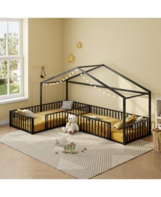 Streamdale Metal L-Shaped Montessori House Bed Frame for 2 Kids, Black