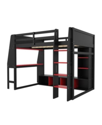 Streamdale Wood Gaming Loft Bed w/ Desk, Shelves, LED, Rack, Black