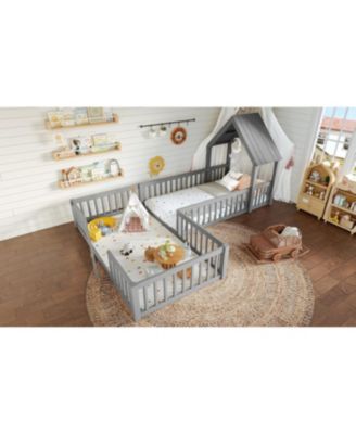 Streamdale Twin Size House Floor Bed with Door and Guardrails, Grey
