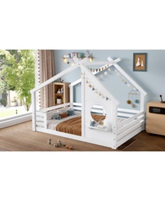 Full House Floor Bed with Window & Shelf, Solid Wood, White