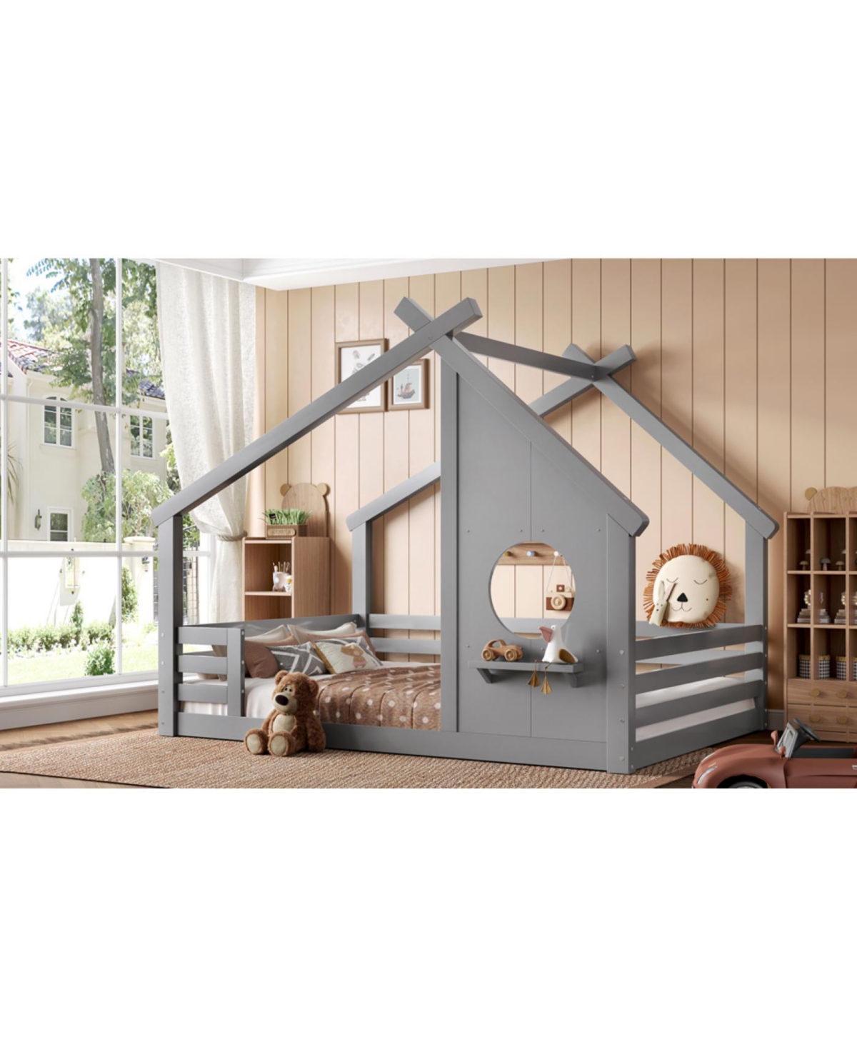 Streamdale Furniture Full House Floor Bed with Window & Shelf, Solid Wood, Grey