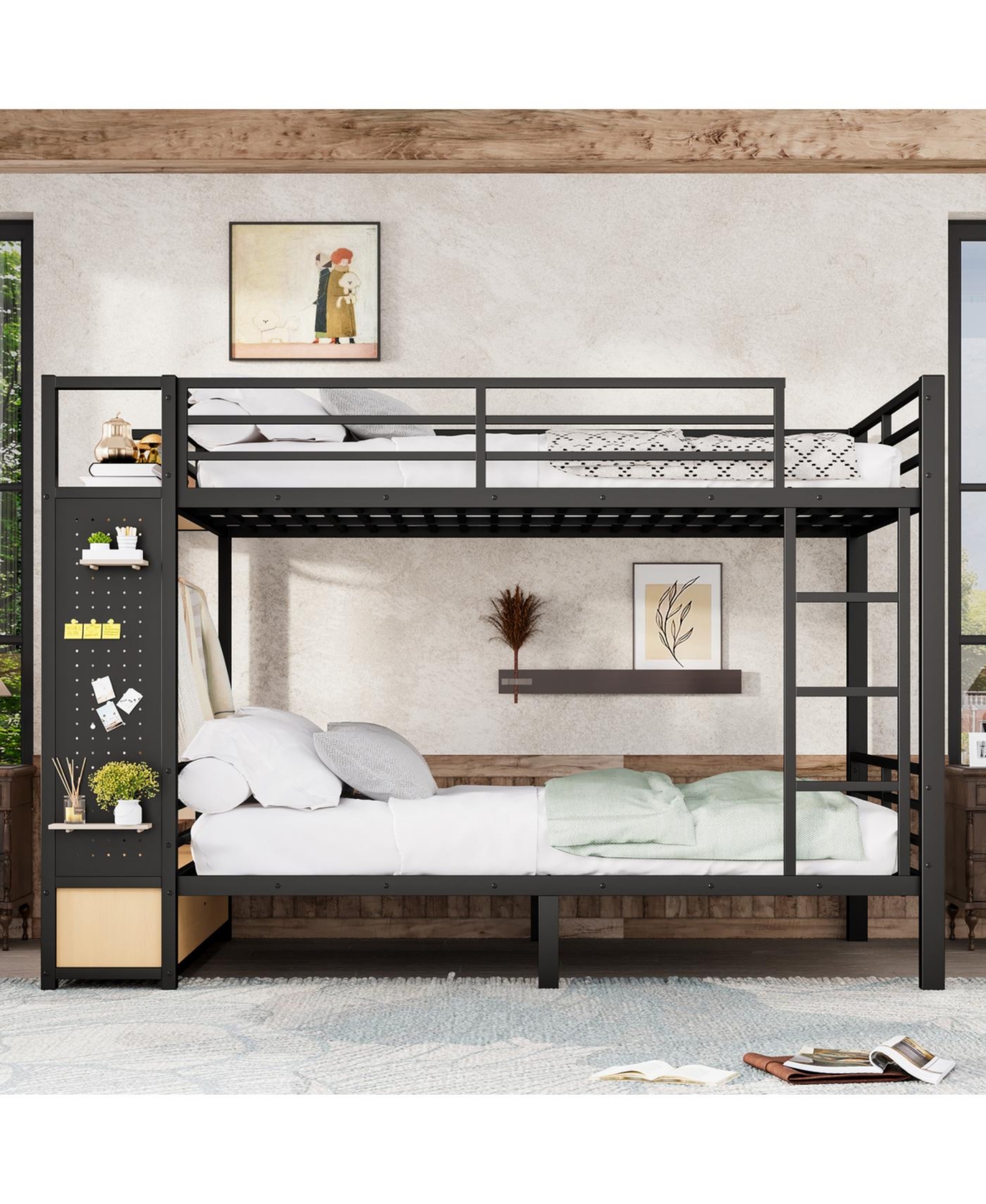 Streamdale Furniture Queen over Queen Metal Bunk Bed with Storage Shelves and Drawers