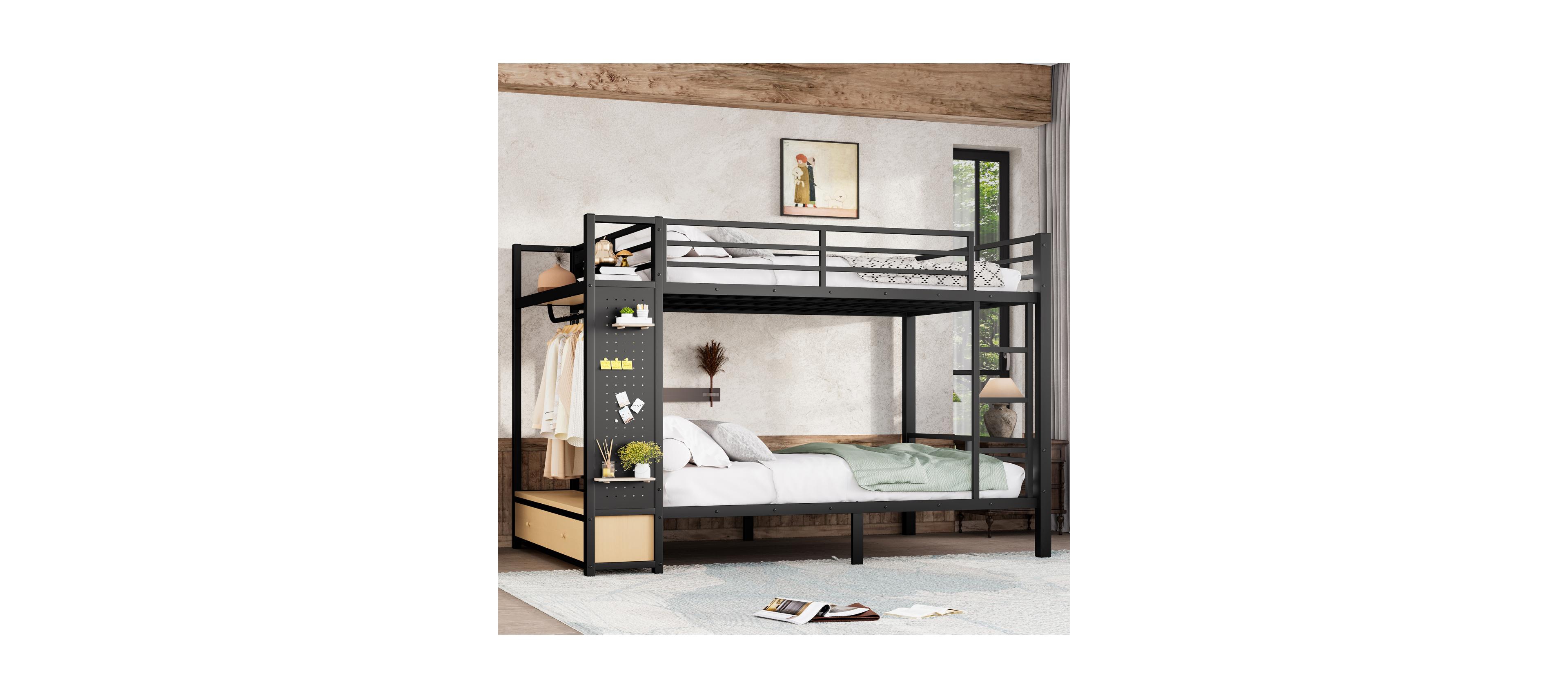 Streamdale Furniture Queen over Queen Metal Bunk Bed with Storage Shelves and Drawers