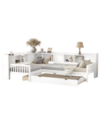 L-shaped Twin Platform Bed with Trundle, Storage Drawers & Shelves, White