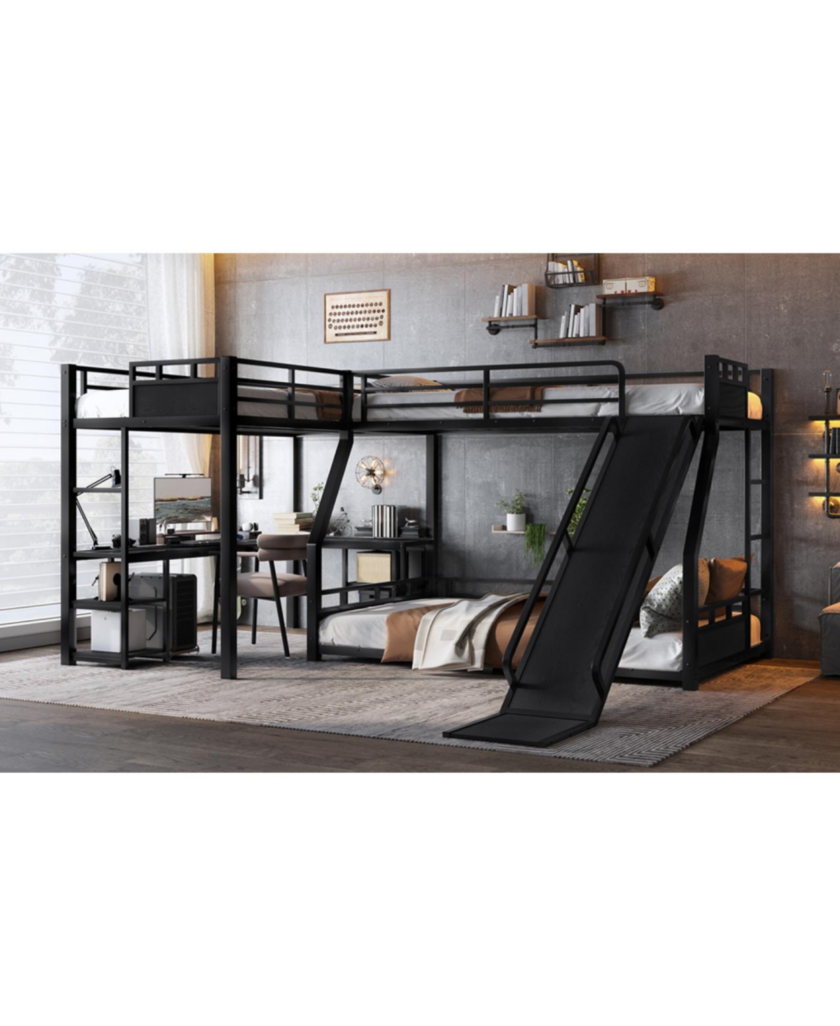 Streamdale Furniture L-Shaped Metal Bunk Bed (Twin Xl/Queen) w/ Loft, Desk, Shelves, Slide - Black