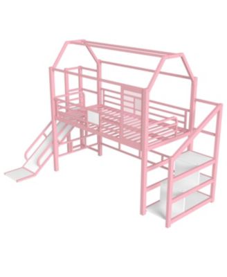 Twin Loft Bed with Slide, Stairs, Storage Shelves & Roof - Pink