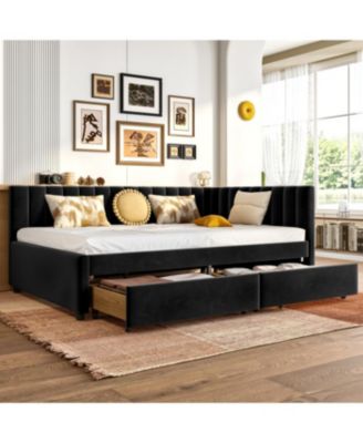 Upholstered Daybed with Storage Drawers & L-Shaped Headboard