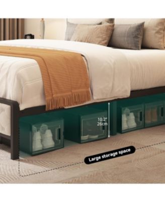 Queen Size Upholstered Platform Bed Frame with Charging Station - Beige