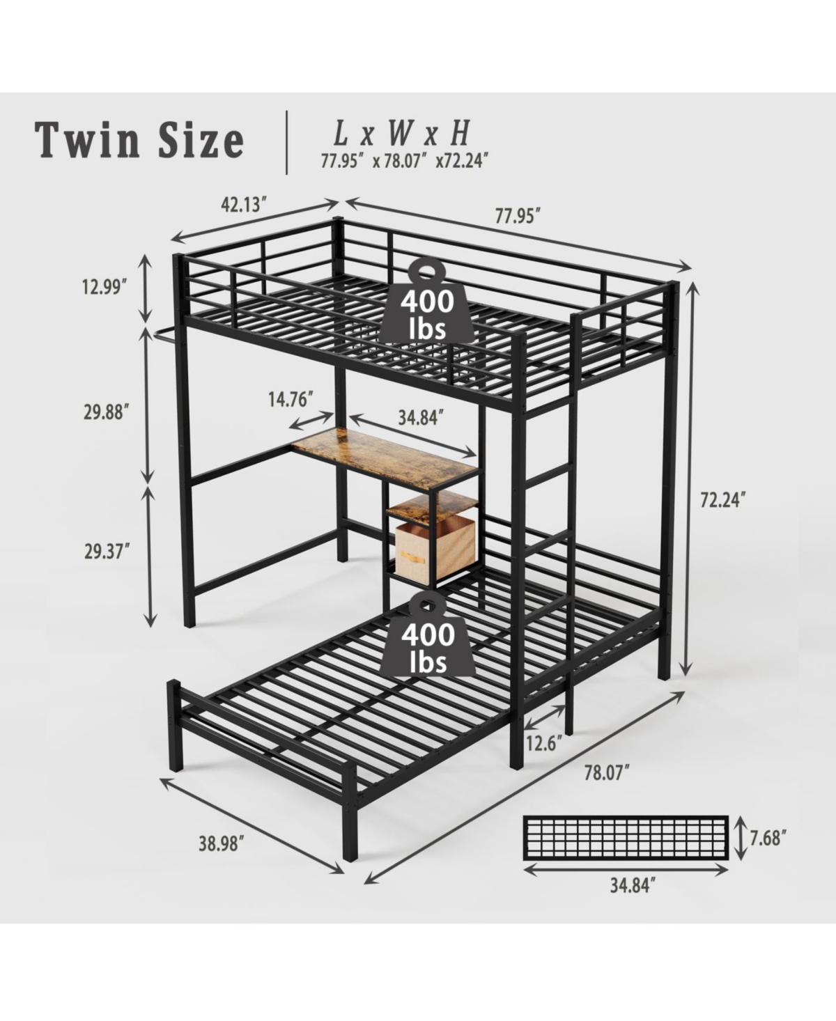 Streamdale Furniture Bunk Bed Twin Over Twin with Desk Station, L-Shaped Metal Loft Bed
