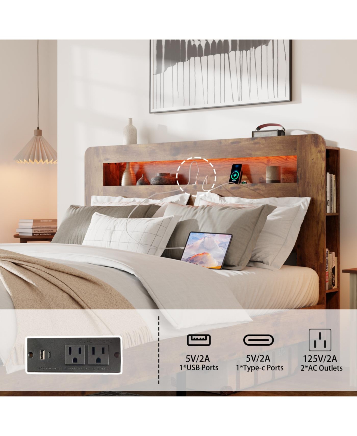 Streamdale Furniture Streamdale Bed Frame King Size Wood Platform with Storage, Led, Usb, Dark Brown