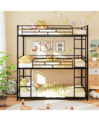 Full Over Full Over Full Metal Bed Frame Heavy-Duty Triple Bunk Bed w/Dual Ladders