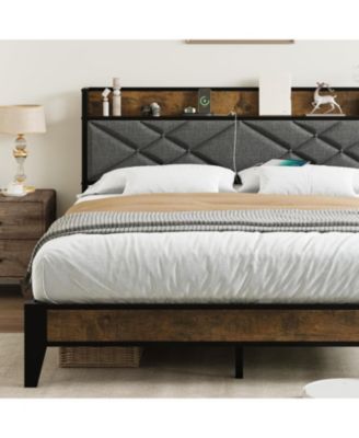 Metal Platform Bed Frame with Charging Station, Tufted Headboard, Storage Shelf & Steel Slats