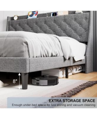 King Upholstered Platform Bed with Button Tufted Wingback Storage Headboard, Wood Slats, Charging Station, Noise-Free