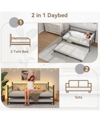 Twin Daybed with Pop-Up Trundle & Charging Station, Pull Out Bed Frame, Metal Sofa Bed