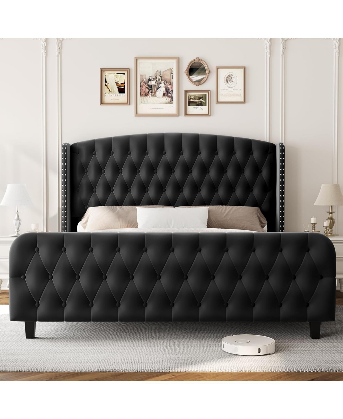 gaomon 51" Tall Velvet Upholstered Bed Frame with Deep Button Tufted Wingback Headboard & Footboard