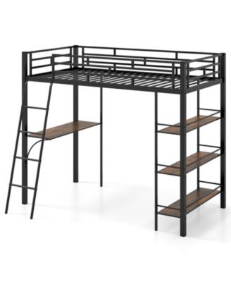 Twin Size Loft Bed w/ Desk & Shelves Inclined Ladder & Full-length Guardrails