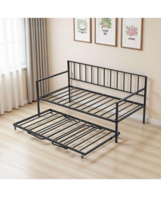 Metal Pull-Out Trundle, LED Lights, Charging Station, Adjustable Backrest Daybed Frame