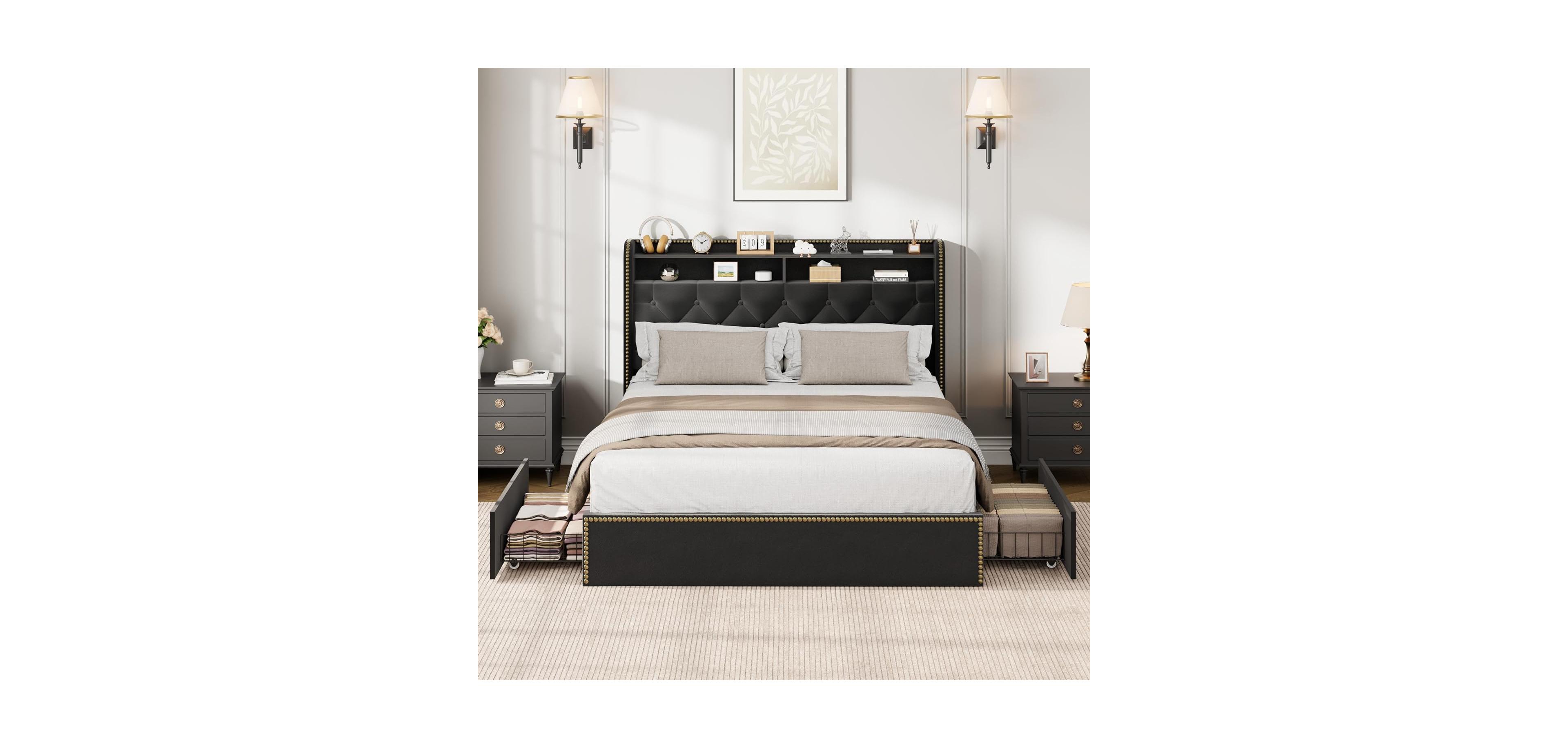 gaomon Queen Size Velvet Bed Frame with 4 Storage Drawers, Tufted Headboard, Nailhead Trim, No Box Spring Needed, Black