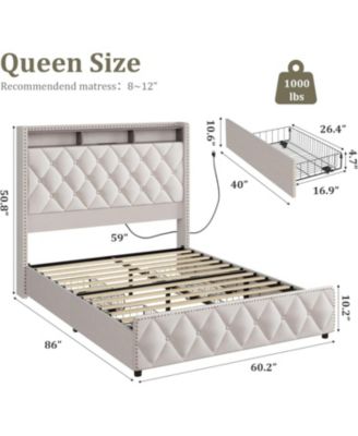 Queen Size Velvet 51" Tall Headboard, 4 Storage Drawers, USB, LED Lights Bed Frame