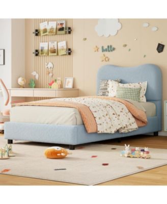Twin Size Blue Boucle Kids Bed Frame with Upholstered Headboard, Low Profile, Heavy Duty Wooden Slats, No Box Spring Needed