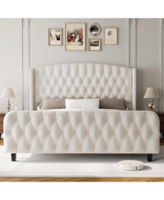 Queen Size 51" Tall Velvet Upholstered Platform Bed Frame, Deep Button Tufted Wingback Headboard & Footboard