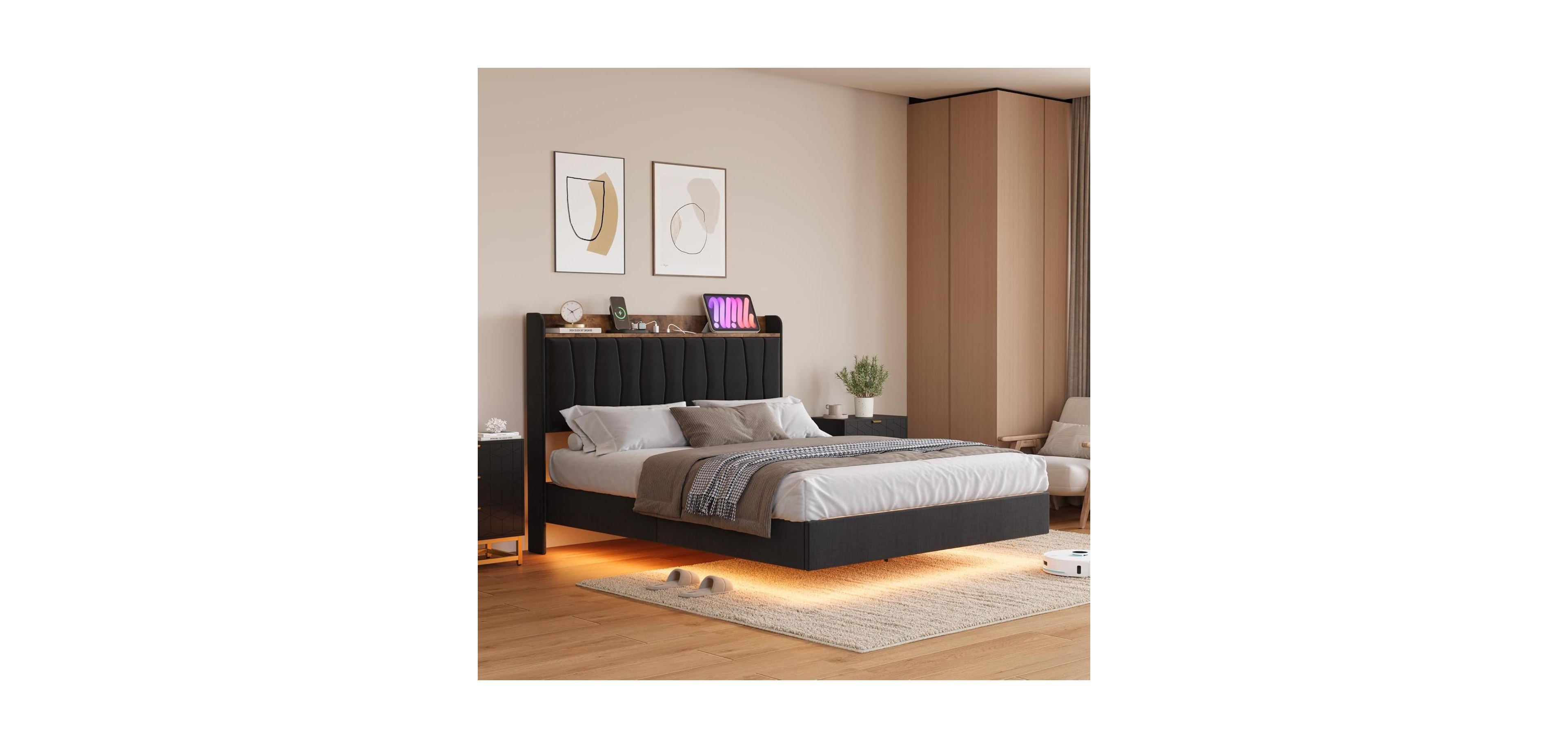 Gaomon Full Size Floating Bed Frame with Rgb Led Lights, Usb Charging Station, Upholstered, No Box Spring Needed, Black