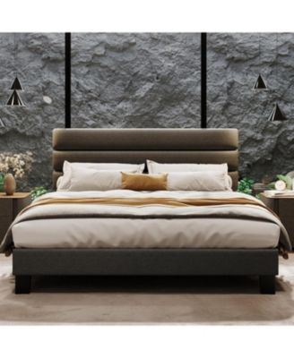 King Size Platform Bed Frame with Adjustable Headboard, Linen Upholstery, Wood Slats, No Box Spring Needed