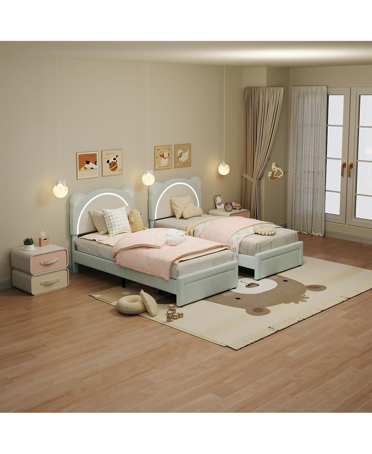 gaomon + Twin Xl + Upholstered Wood + Adjustable Headboard, Drawer, Led Light + Platform Bed Frame